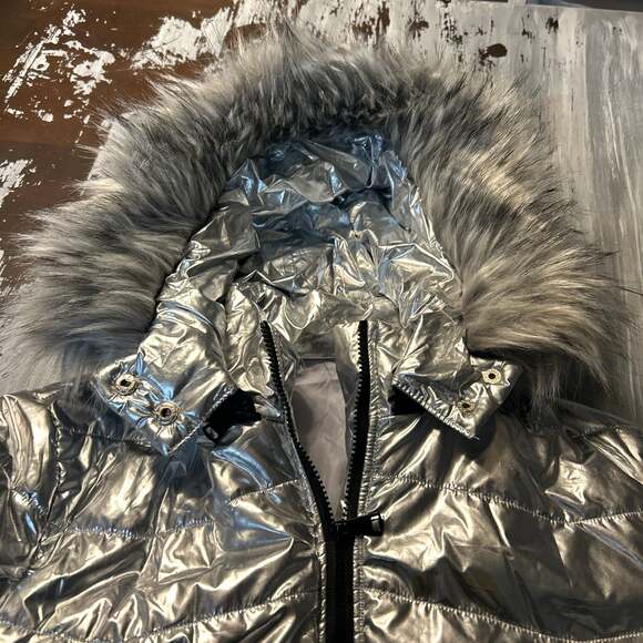 Kultivate Metallic Silver Quilted One-Piece Snowsuit with Faux Fur Hooded Trim - Picture 3 of 3